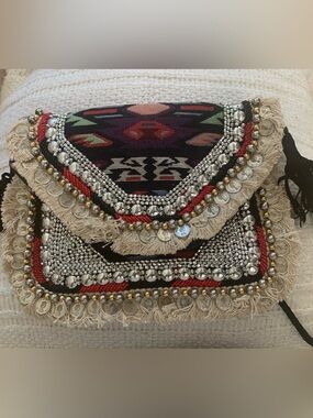 Embellished Tribal Fringe Banjara Coin Clutch Hand stitched. 11 x 8